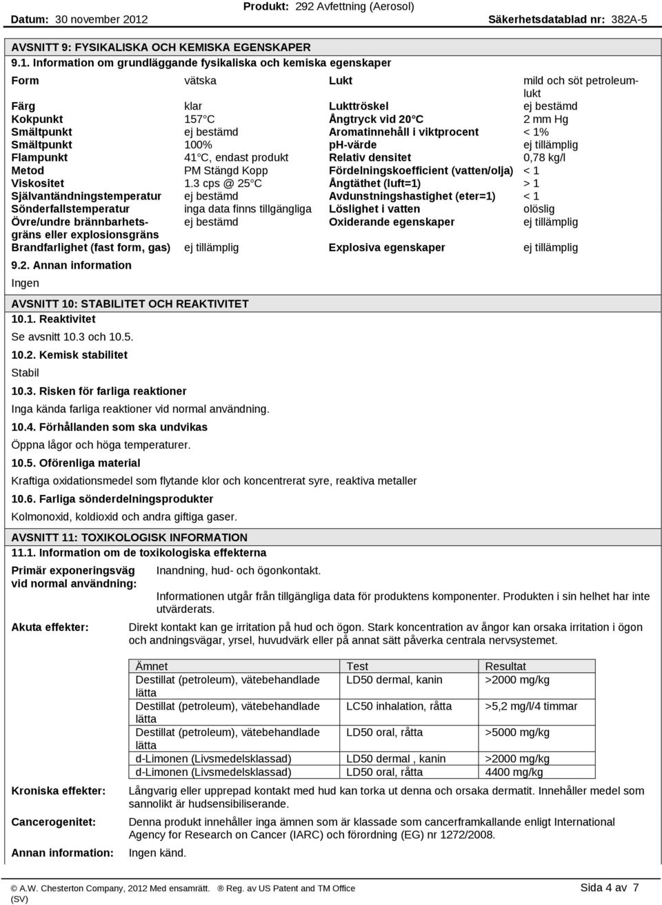 bestämd Aromatinnehåll i viktprocent < 1% Smältpunkt 100% ph värde ej tillämplig Flampunkt 41 C, endast produkt Relativ densitet 0,78 kg/l Metod PM Stängd Kopp Fördelningskoefficient (vatten/olja) <