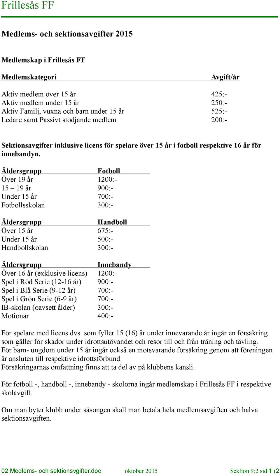 Fotboll Över 19 år 1200:- 15 19 år 900:- Under 15 år 700:- Fotbollsskolan 300:- Handboll Över 15 år 675:- Under 15 år 500:- Handbollskolan 300:- Innebandy Över 16 år (exklusive licens) 1200:- Spel i