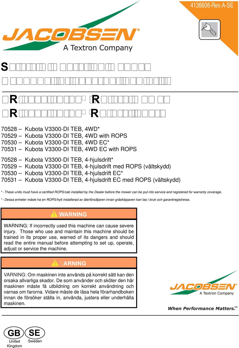 Kubota V3300-DI TEB, 4WD EC* 70531 Kubota V3300-DI TEB, 4WD EC with ROPS 70528 Kubota V3300-DI TEB, 4-hjulsdrift* 70529 Kubota V3300-DI TEB, 4-hjulsdrift med ROPS (vältskydd) 70530 Kubota V3300-DI