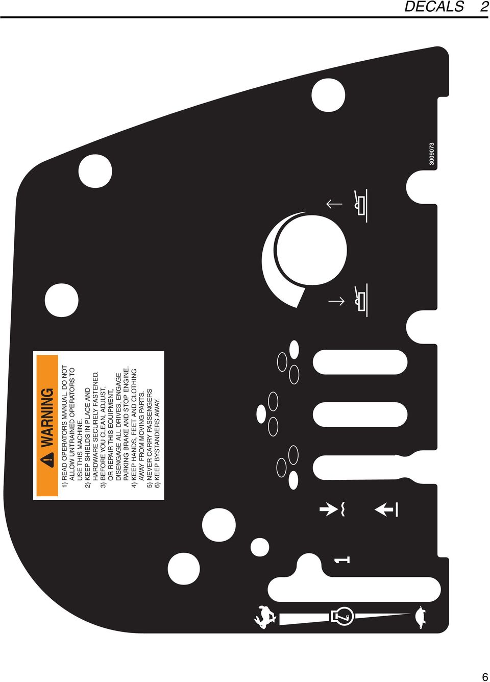 3) BEFORE YOU CLEAN, ADJUST, OR REPAIR THIS EQUIPMENT, DISENGAGE ALL DRIVES, ENGAGE PARKING