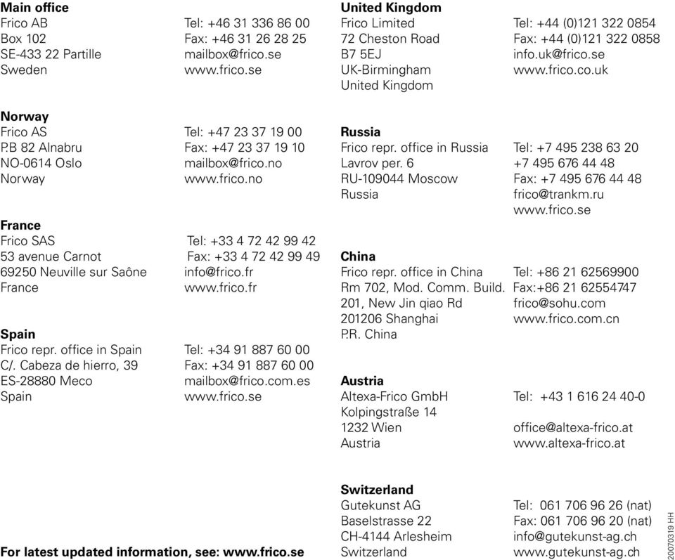 fr France www.frico.fr Spain Frico repr. office in Spain Tel: +34 91 887 60 00 C/. Cabeza de hierro, 39 Fax: +34 91 887 60 00 ES-28880 Meco mailbox@frico.com.es Spain www.frico.se United Kingdom Frico Limited Tel: +44 (0)121 322 0854 72 Cheston Road Fax: +44 (0)121 322 0858 B7 5EJ info.