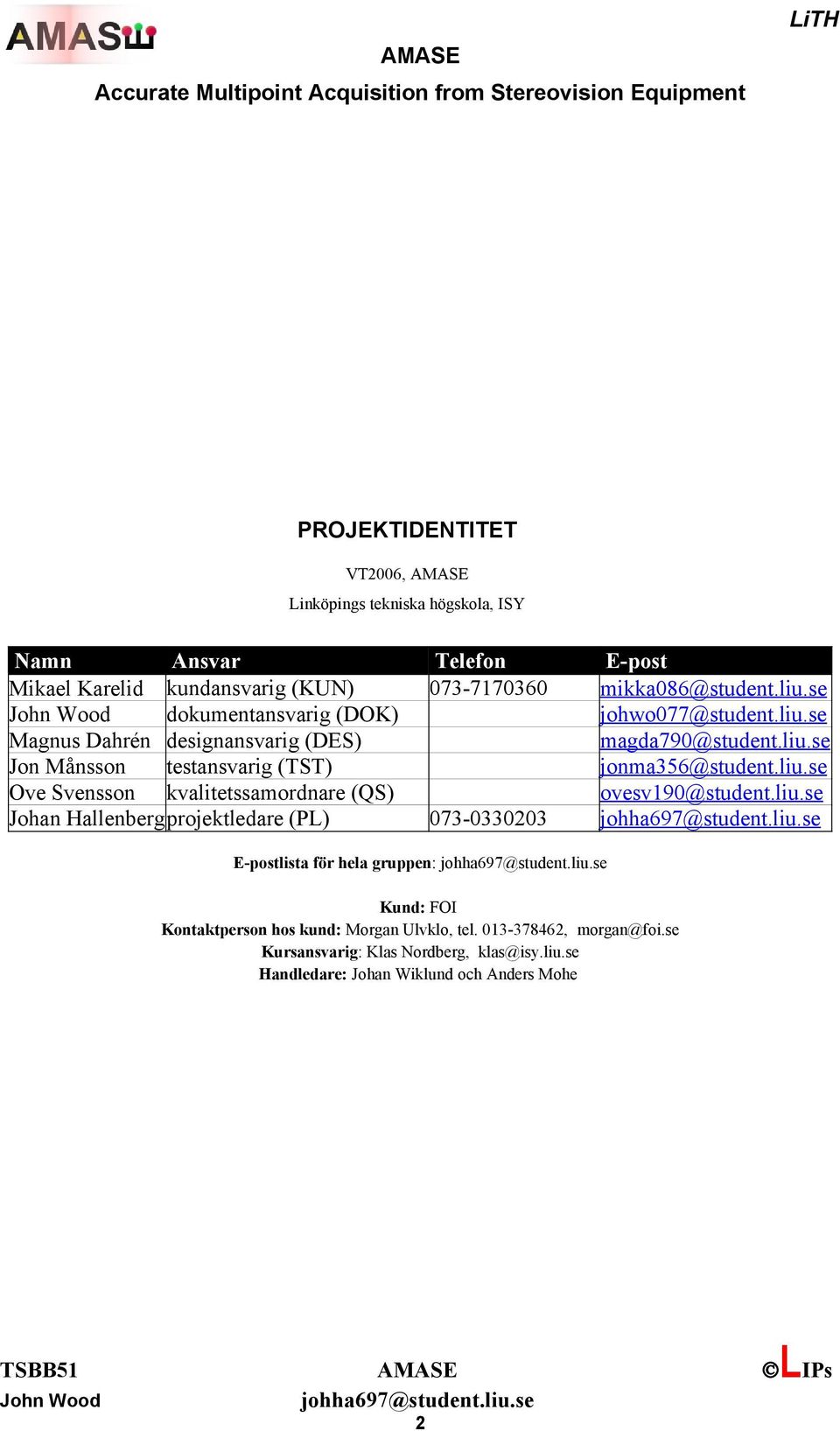 liu.se Ove Svensson kvalitetssamordnare (QS) ovesv190@student.liu.se Johan Hallenbergprojektledare (PL) 073-0330203 E-postlista för hela gruppen: Kund: FOI Kontaktperson hos kund: Morgan Ulvklo, tel.