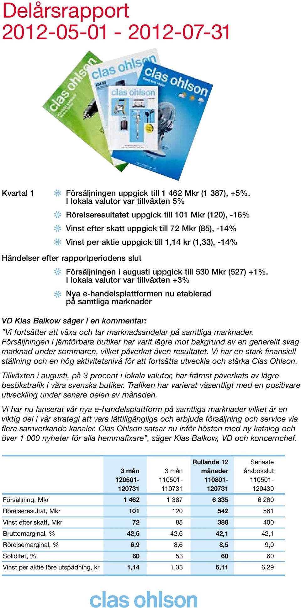 efter rapportperiodens slut Försäljningen i augusti uppgick till 530 Mkr (527) +1%.