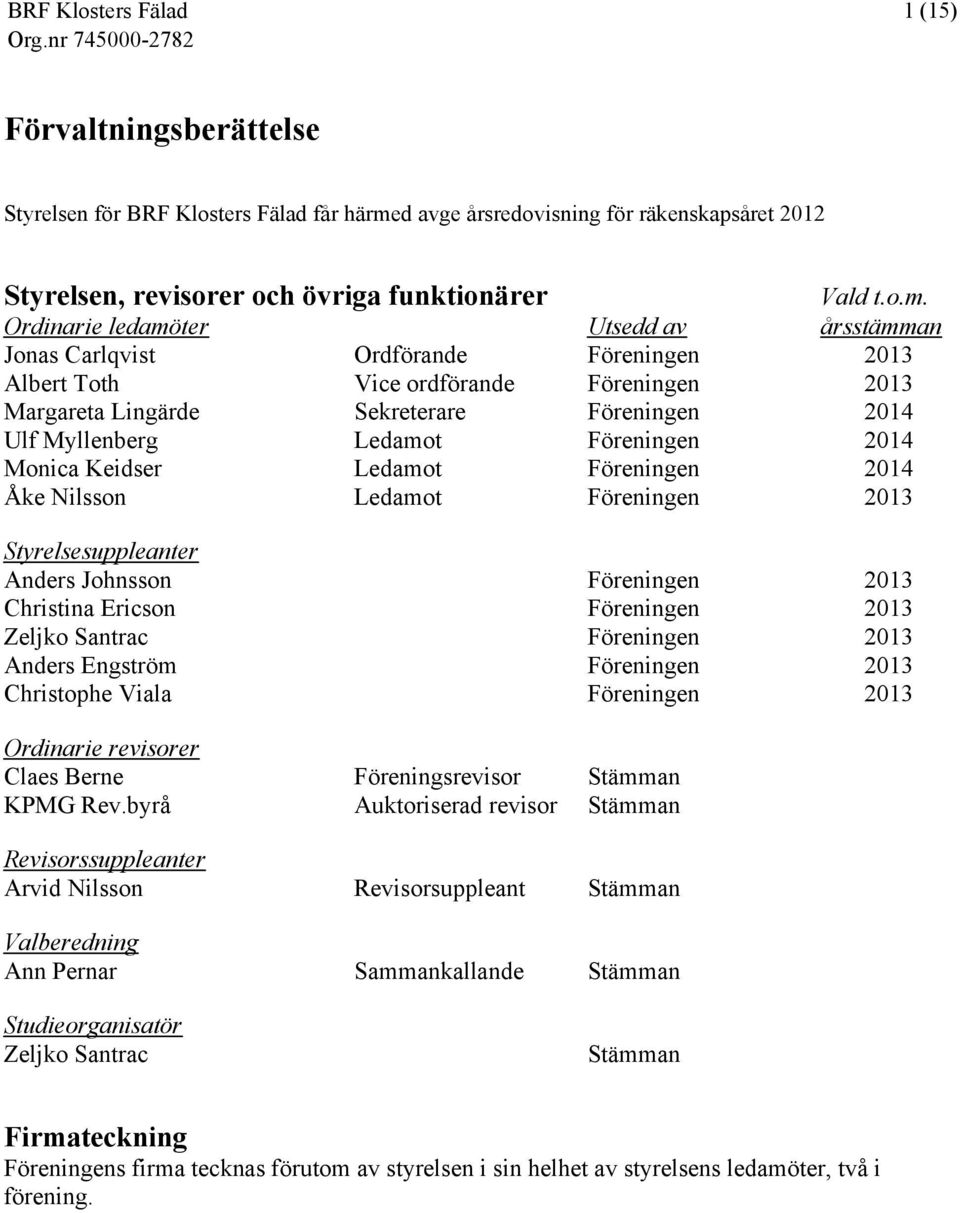 d avge årsredovisning för räkenskapsåret 2012 Styrelsen, revisorer och övriga funktionärer Vald t.o.m.