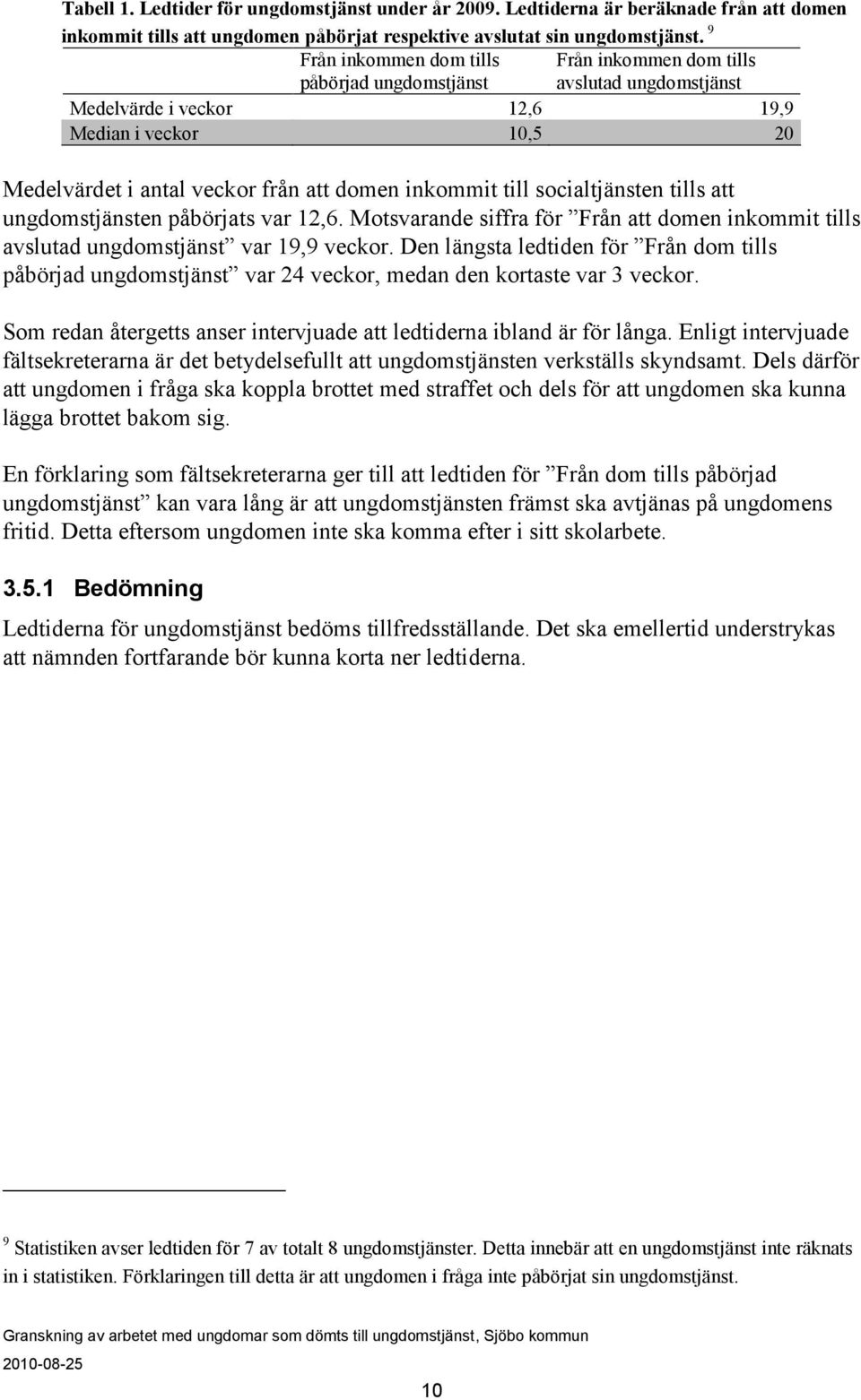 inkommit till socialtjänsten tills att ungdomstjänsten påbörjats var 12,6. Motsvarande siffra för Från att domen inkommit tills avslutad ungdomstjänst var 19,9 veckor.