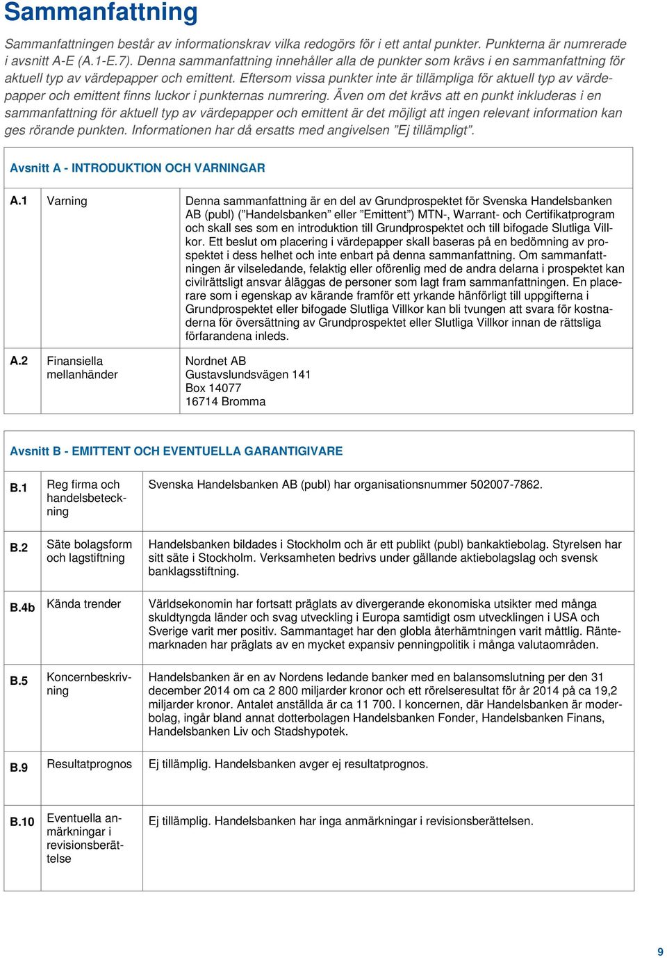 Eftersom vissa punkter inte är tillämpliga för aktuell typ av värdepapper och emittent finns luckor i punkternas numrering.