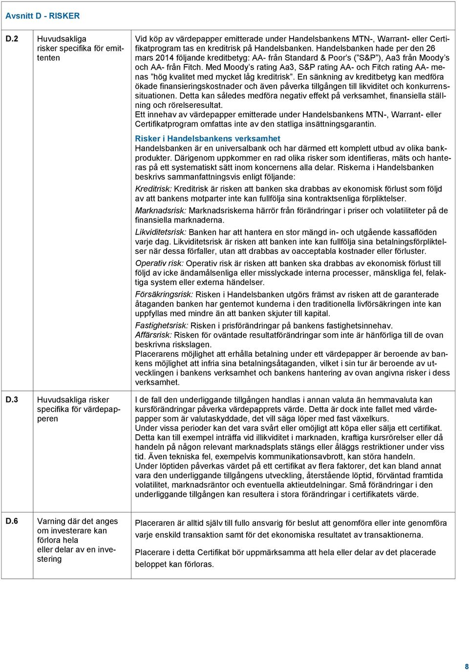 Med Moody s rating Aa3, S&P rating AA- och Fitch rating AA- menas hög kvalitet med mycket låg kreditrisk.