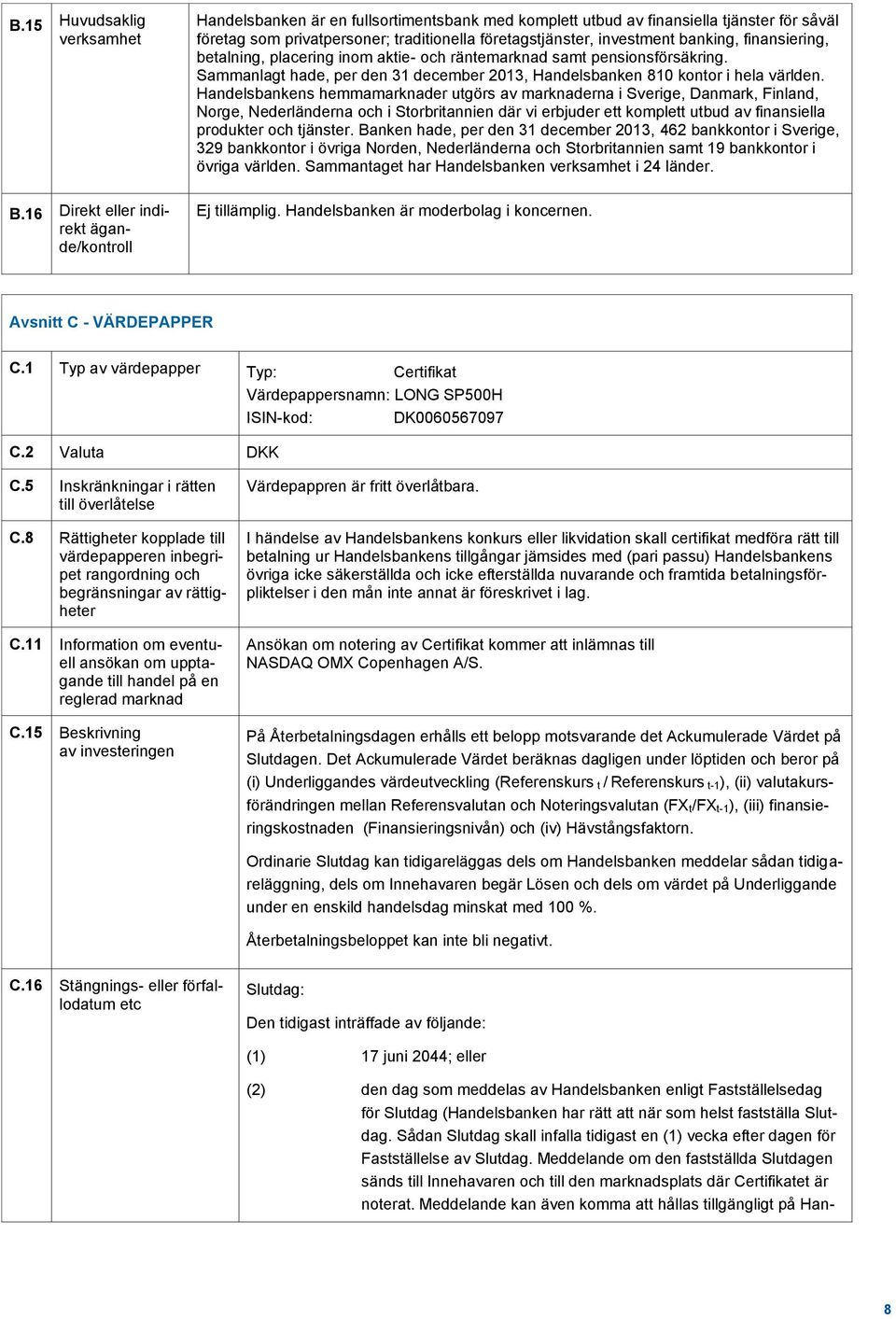 investment banking, finansiering, betalning, placering inom aktie- och räntemarknad samt pensionsförsäkring. Sammanlagt hade, per den 31 december 2013, Handelsbanken 810 kontor i hela världen.