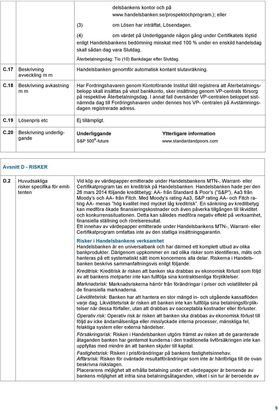 Återbetalningsdag: Tio (10) Bankdagar efter Slutdag. C.17 Beskrivning avveckling m m C.18 Beskrivning avkastning m m Handelsbanken genomför automatisk kontant slutavräkning.