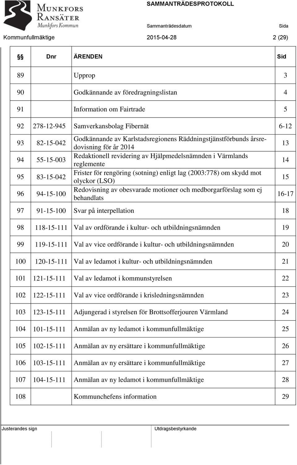 för rengöring (sotning) enligt lag (2003:778) om skydd mot olyckor (LSO) Redovisning av obesvarade motioner och medborgarförslag som ej behandlats 97 91-15-100 Svar på interpellation 18 98 118-15-111