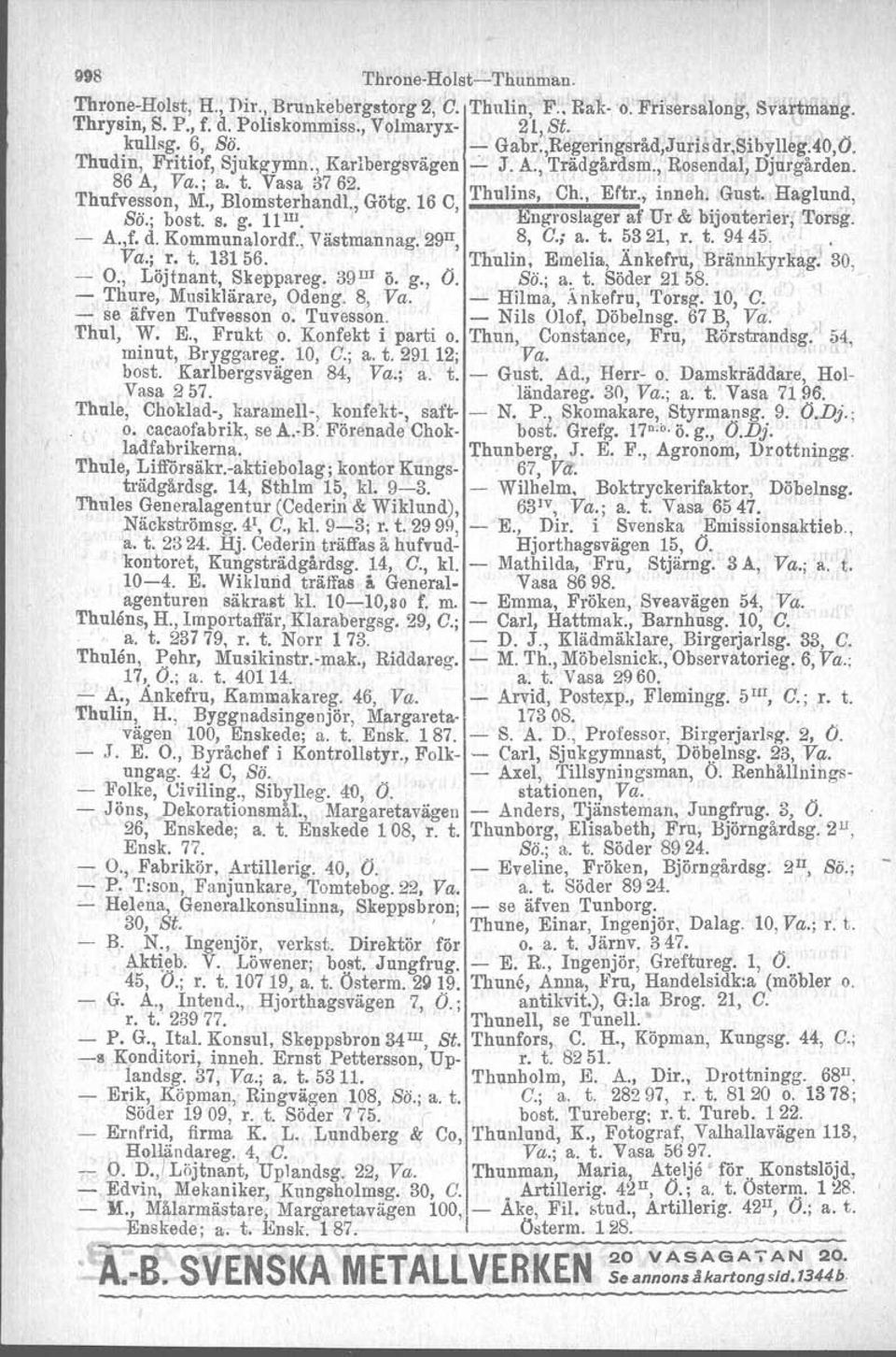 h G t H l d Thufvesson M. Blomsterhandl Götg 16 c u ms,., r., Inne. ust, ag Ull, Sö.; b~st.' s. g. 11lI1..,., Engroslager af Ur & bijouterier; 'Iorsg, - A.,f. d. Kommunalordf., Västmannag. 29n, 8, C.