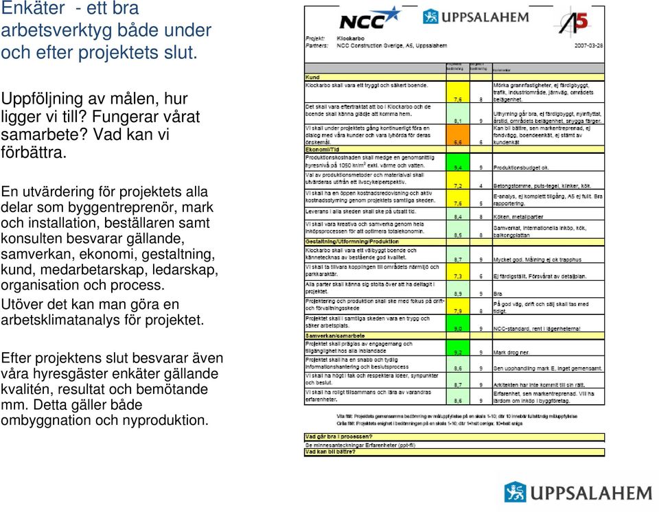 En utvärdering för projektets alla delar som byggentreprenör, mark och installation, beställaren samt konsulten besvarar gällande, samverkan,