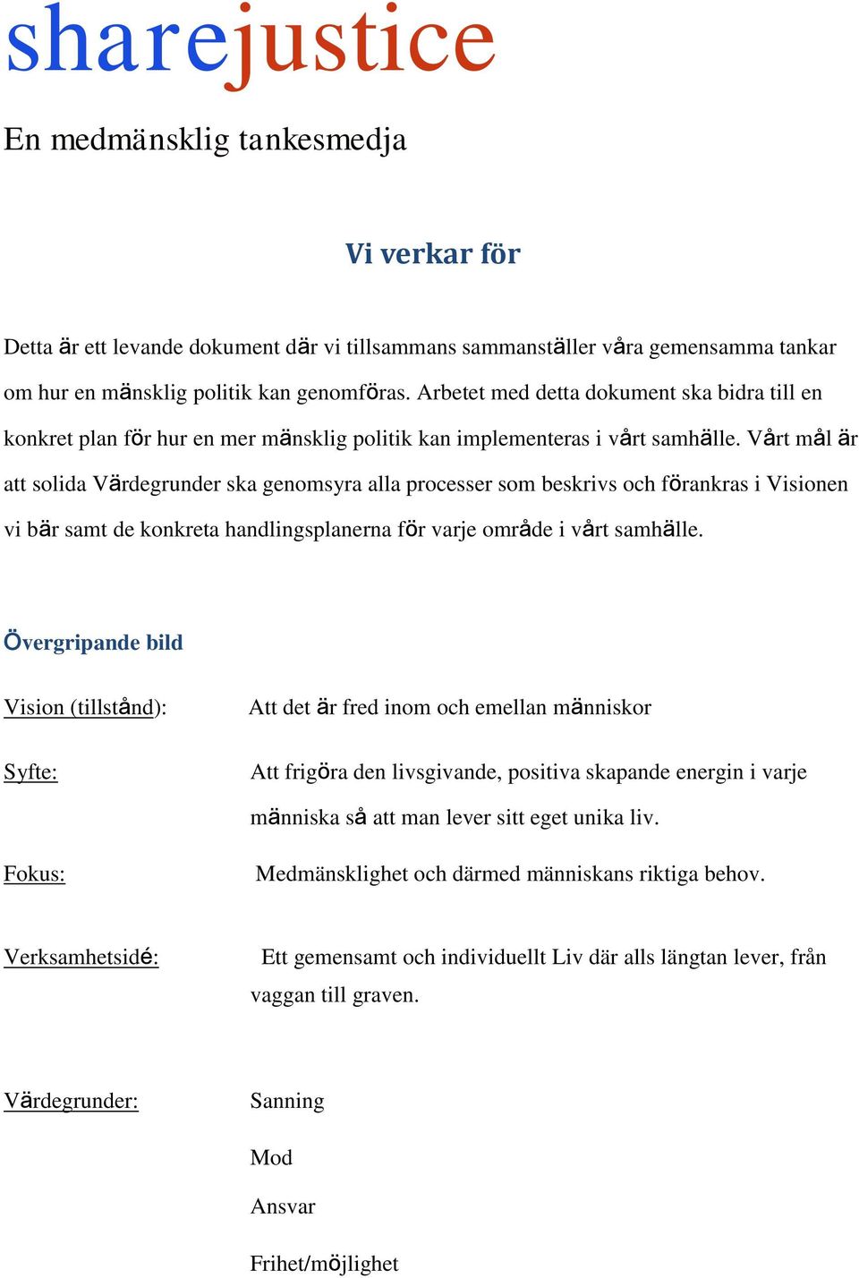 Vårt mål är att solida Värdegrunder ska genomsyra alla processer som beskrivs och förankras i Visionen vi bär samt de konkreta handlingsplanerna för varje område i vårt samhälle.