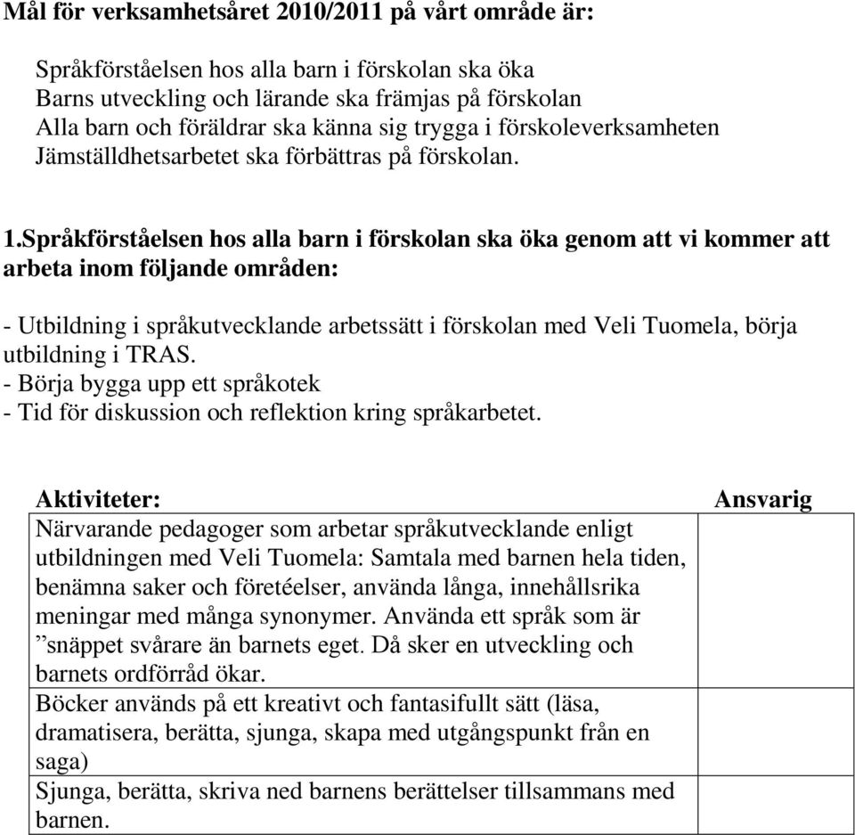 Språkförståelsen hos alla barn i förskolan ska öka genom att vi kommer att arbeta inom följande områden: - Utbildning i språkutvecklande arbetssätt i förskolan med Veli Tuomela, börja utbildning i