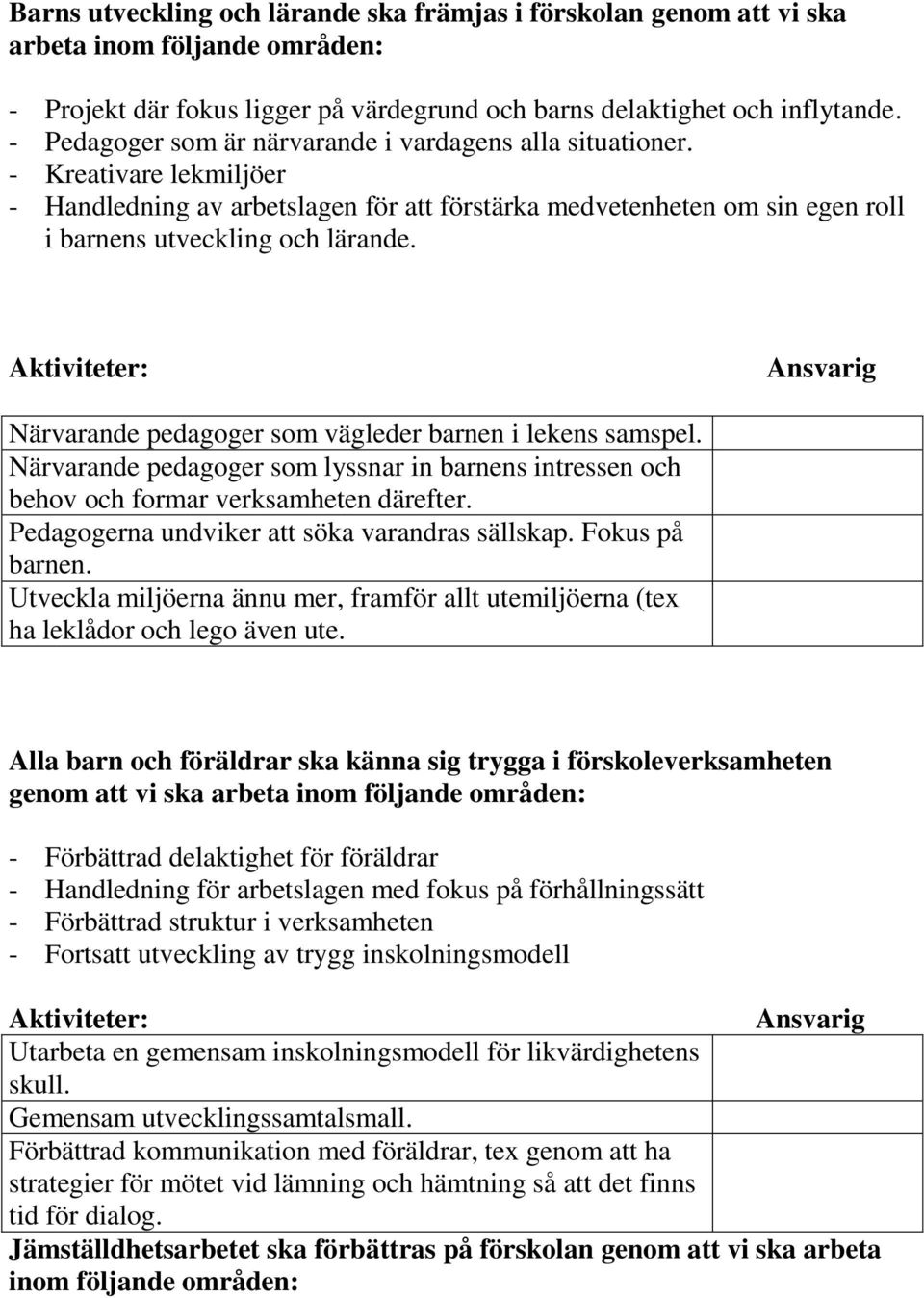 Närvarande pedagoger som vägleder barnen i lekens samspel. Närvarande pedagoger som lyssnar in barnens intressen och behov och formar verksamheten därefter.