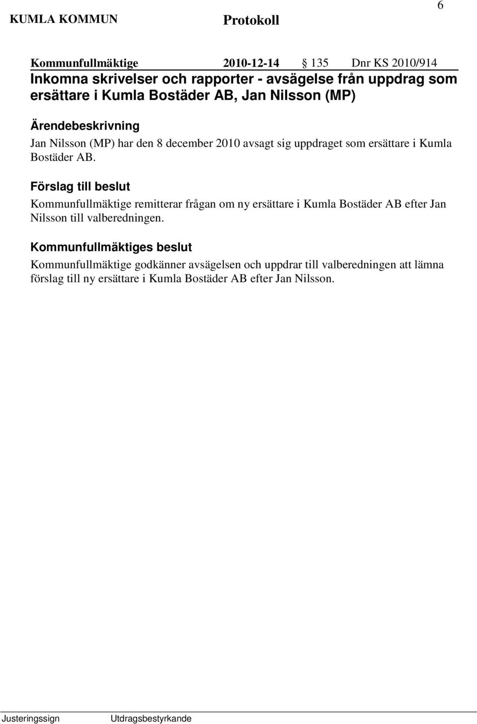 Förslag till beslut Kommunfullmäktige remitterar frågan om ny ersättare i Kumla Bostäder AB efter Jan Nilsson till valberedningen.