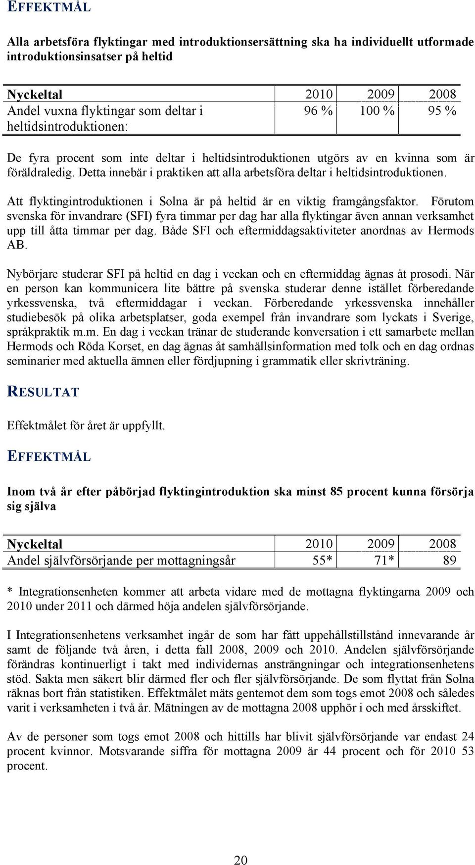 Detta innebär i praktiken att alla arbetsföra deltar i heltidsintroduktionen. Att flyktingintroduktionen i Solna är på heltid är en viktig framgångsfaktor.