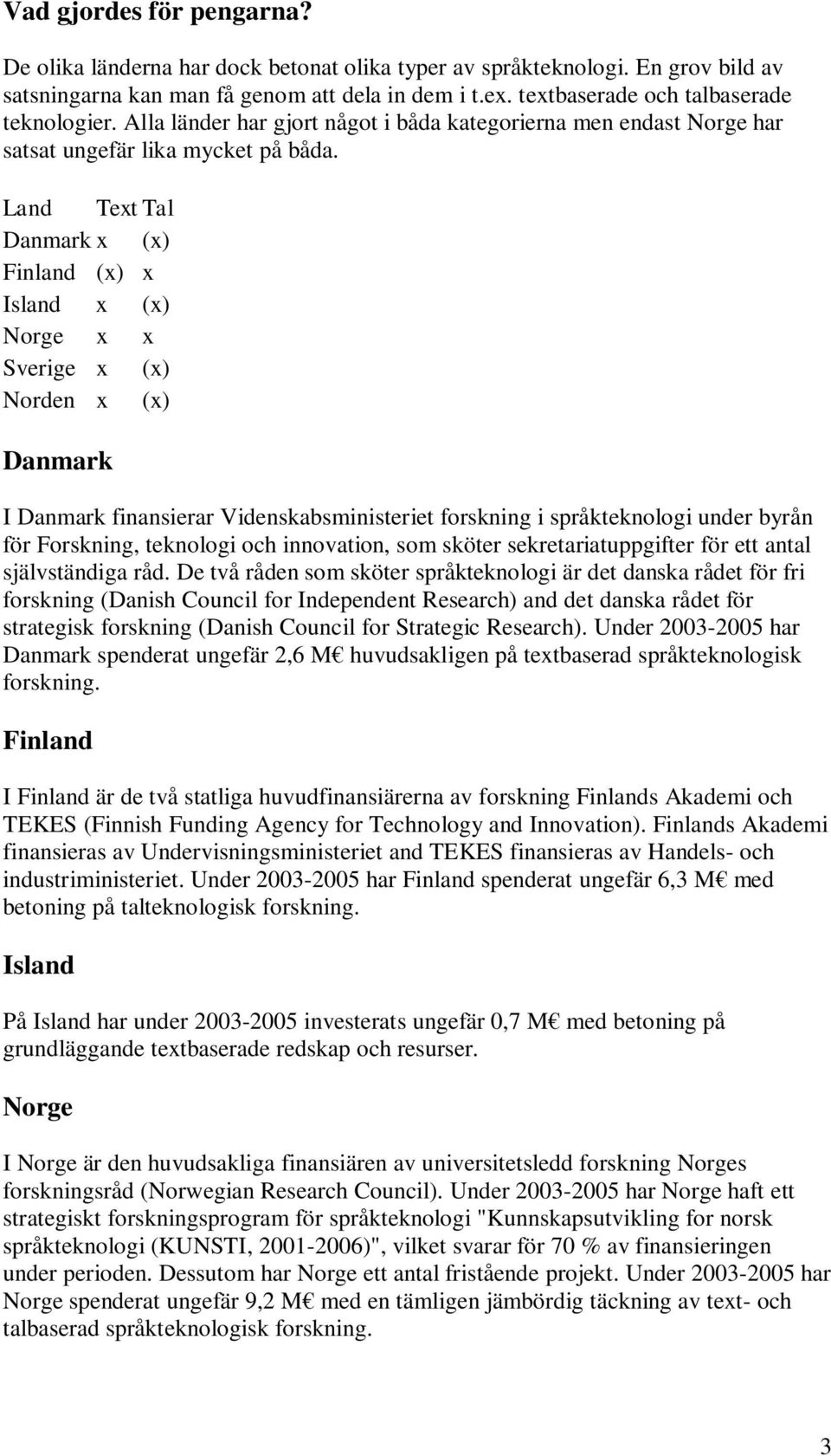 Land Text Tal Danmark x (x) Finland (x) x Island x (x) Norge x x Sverige x (x) Norden x (x) Danmark I Danmark finansierar Videnskabsministeriet forskning i språkteknologi under byrån för Forskning,