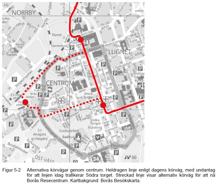 repo001.docx 2012-03-29 BRT-utredningens huvudförslag innebär en linjesträckning utmed Allégatan genom centrum. En alternativ sträckning via resecentrum framgår av figuren nedan.