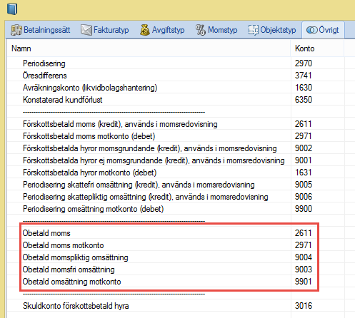 De konton som används ställs in under Kontovärden-Övrigt.