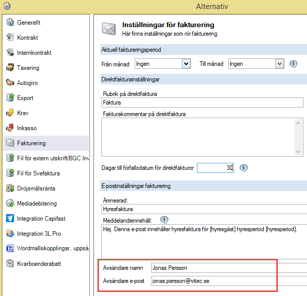DISTRIBUTION AV FAKTUROR VIA E-POST Nya inställning i alternativdialogen för vem som ska står som avsändare (namn och e-postadress) vid distribution av fakturor via e-post.