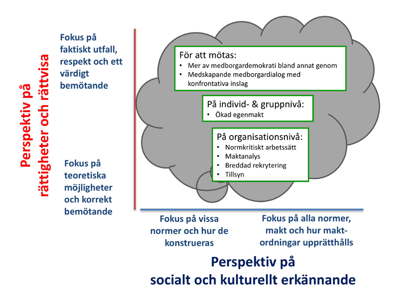 Arbetssätt utifrån en bred jämlikhetsprincip Det konkreta arbetet med att få till stånd en synvända från formella till reella rättigheter bör utformas av inblandande aktörer i den lokala kontexten.