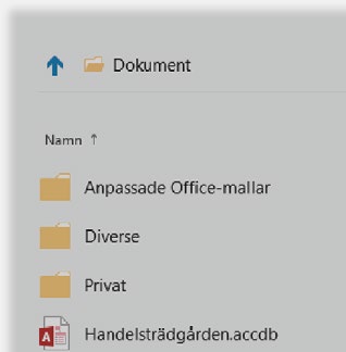 4 5 6 Dialogrutan Öppna Vill du inte söka efter filen direkt på fliken Arkiv (File) kan du öppna databasen via dialogrutan Öppna (Open).