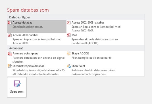 Du kan skapa nya mappar i Windows, men det går även att göra det direkt från dialogrutan Ny databas eller Spara som (File New Database, Save As) i Access.