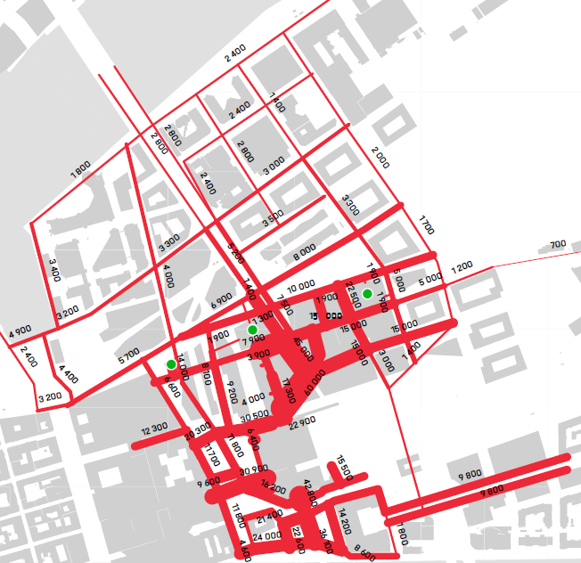 21 Figur 3-2 Gångflödesprognos per dygn. @Spacescape Gångflödesprognosen visar på en potential för mycket höga flöden i den centrala delen av RegionCity.