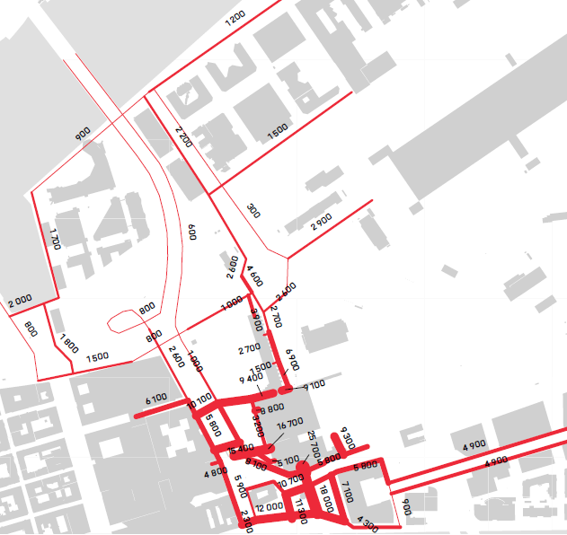 8 Figur 2-9 Gångflöden per dygn 2014 @Spacescape. Hösten 2014 genomfördes fotgängarmätning på Torsten Henrikssons gångbro mellan Nordstan och Lilla Bommen.