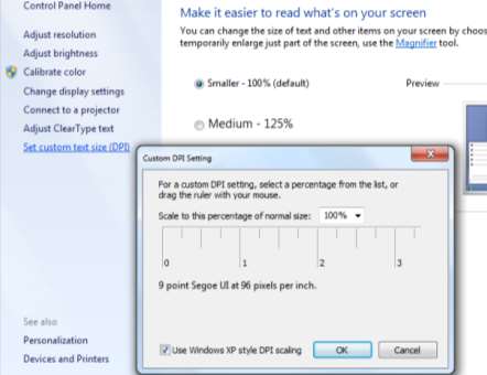 Tillräckligt stor teckenstorlek Här kan man ställa storlek på text i Windows eller ändra DPI Man kan också ställa in ClearType på väster sida Normal är 96 DPI, högre tal