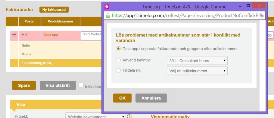 Om man försöker att samla data med olika artikelnummer på en och samma fakturarad, så uppstår en konflikt, som användaren blir ombedd att lösa.