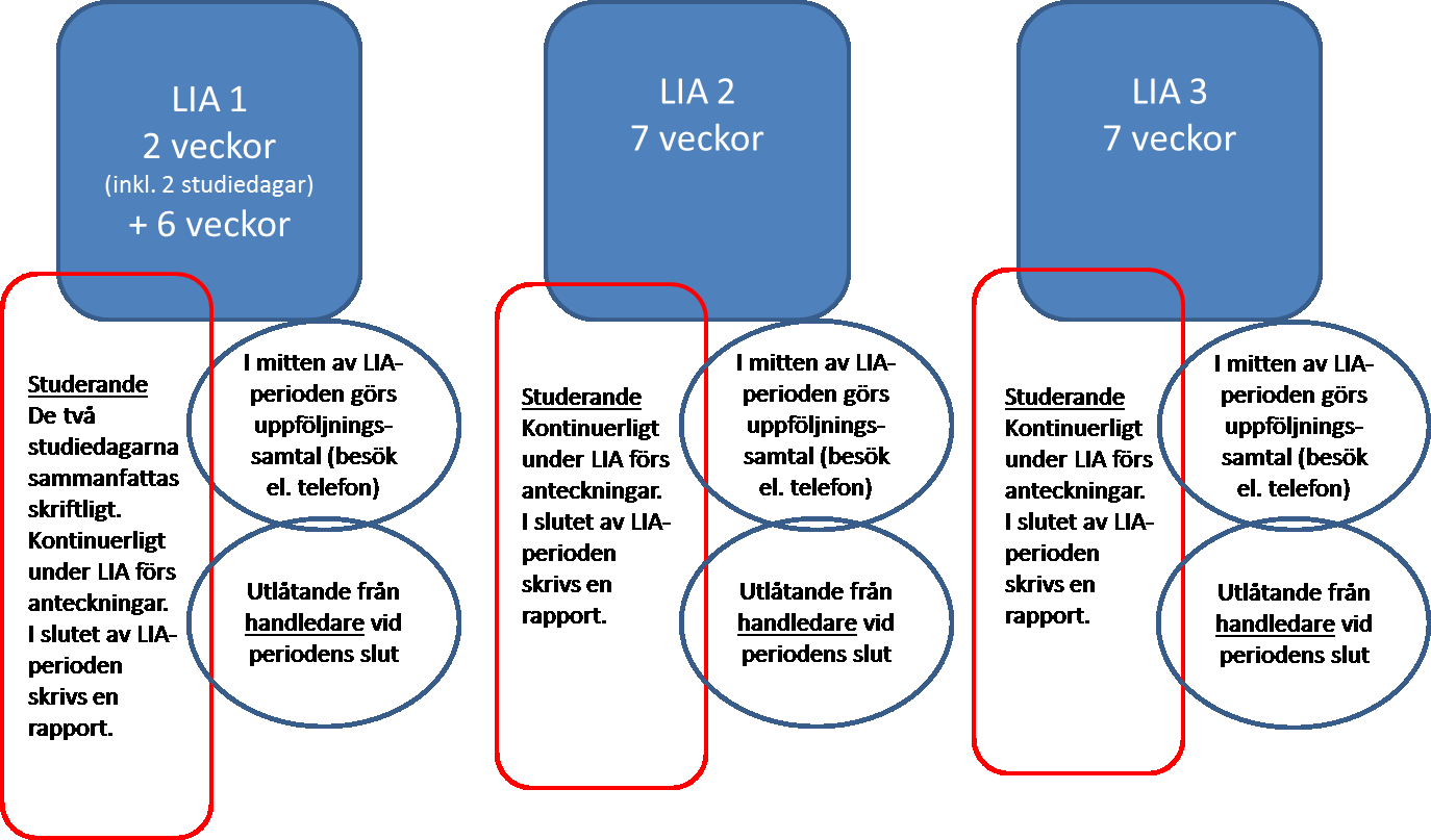 Dokumentationsprocessen under LIA Den studerande informeras inför LIA om kursmål och rapportering via genomgång och skriftliga dokument. Handledarträff genomförs inför varje LIA-period.