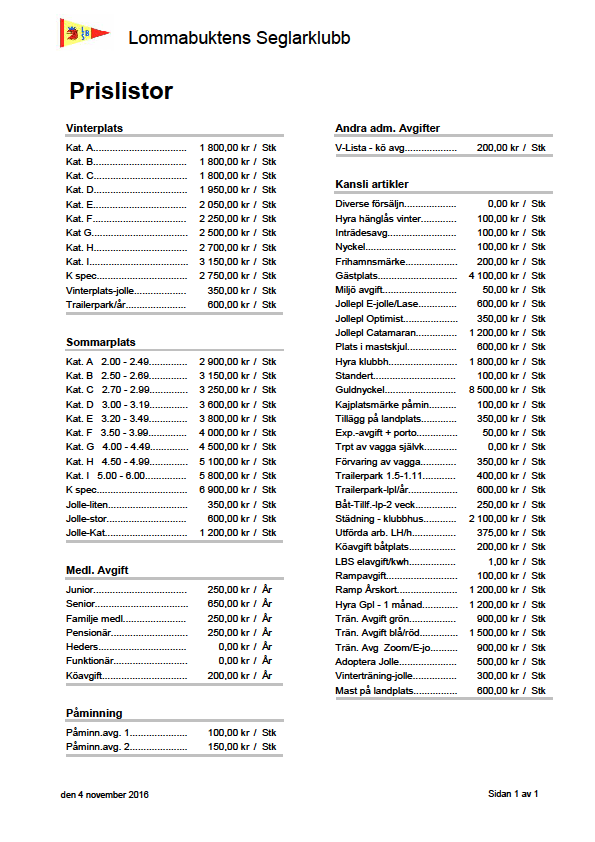 Styrelsens förslag till prislista för säsongen 2017 Inga