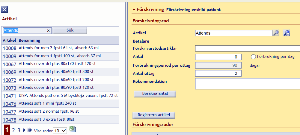 Om man vill beställa fler hjälpmedel fortsätter man att lägga till artiklar. Nu ska vi beställa Attends blöja men har inget artikelnummer.