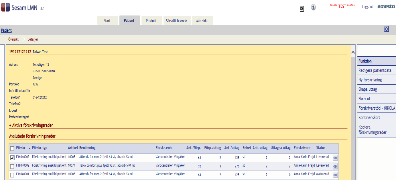 Kopiera förskrivning Om man vill kopiera en avslutad förskrivning görs det via patientbilden Avslutade förskrivningsrader. Markera aktuell förskrivningsrad och klicka på knappen Kopiera förskrivning.