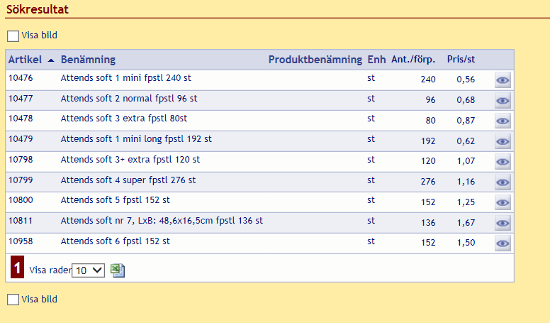 Produkt Välj fliken Produkt för att söka produkter/artiklar. Överst finns en länk till Produktkatalog. I sektionen Sök artikel skriver man i ett eller flera ord eller tecken i fältet artikel.