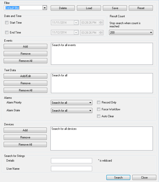 112 sv Användargränssnitt Bosch Video Management System Filter Välj ett filternamn med fördefinierade sökkriterier eller ange ett namn för ett nytt filter.