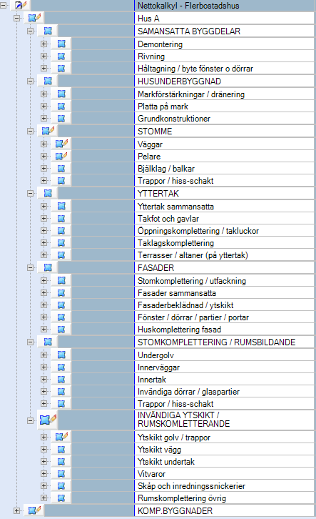 under stommen är väggar, pelare, bjälklag/balkar samt trappor och hissschakt. Dessa kategorier är uppdelade efter våningsplan.