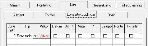 FLEX Lön Användarmeddelande (januari 2014) 9 Det går också att skapa intervall av konteringar genom att använda > eller < enligt formeln nedan: Villkor på löneartskopplingar På löneartskopplingen kan