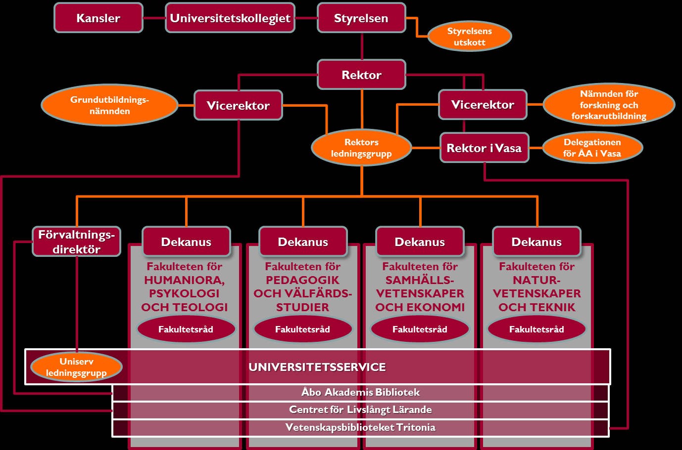 Figur 4 Åbo Akademis organisation Mera information om organisationen, enheterna och de beslutsfattande organen på adressen: http://www.abo.fi/public/forvaltning 3.1.