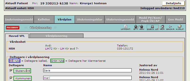 Genom att hålla muspekaren över datum för vårdplanen i Patientöversikten får du uppgifter om deltagande etc. Om allt är rätt ifyllt ska det finnas bockar i alla fälten (se nedan).