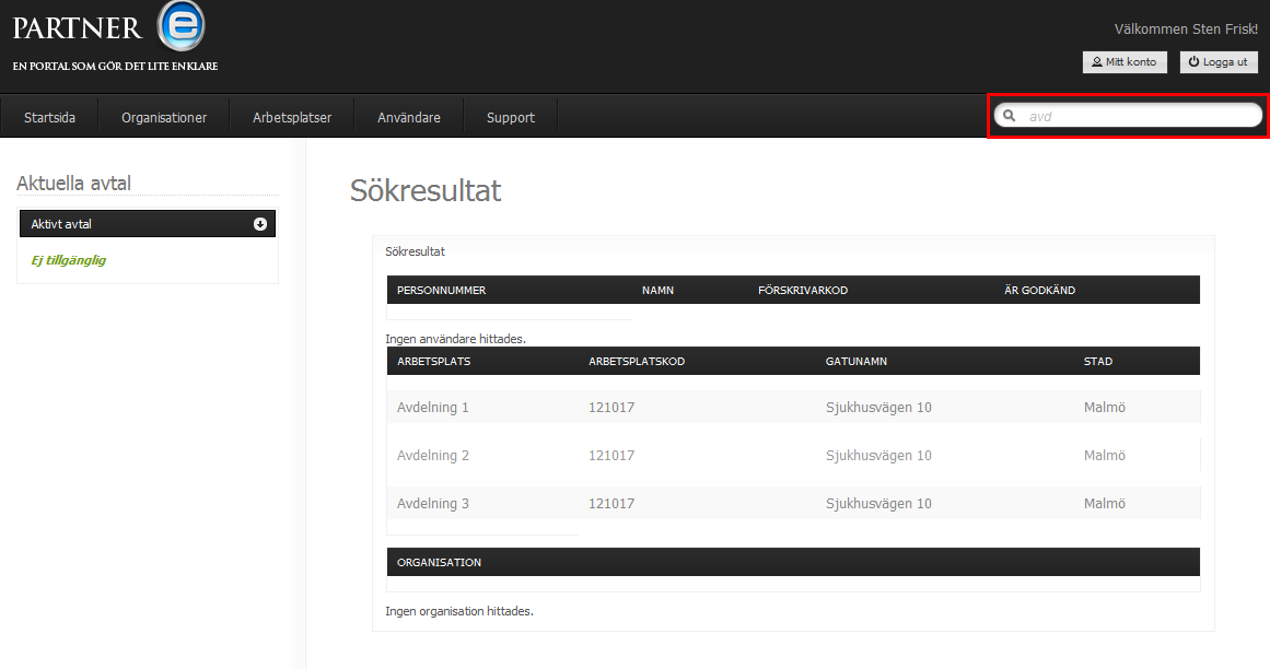 Sökning I sökfältet uppe till höger är det möjligt att söka på förskrivare, användare, organisationer samt arbetsplatser.