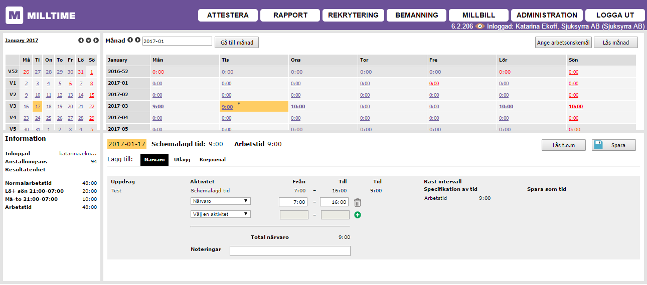 5. 4. 1. 3. 2. 1. Personen i exemplet ovan har ett uppdrag som heter Test. 2. Tiden som står i rutorna är din schemalagda tid. Du ska bara ändra på den om du har arbetat andra tider än schemalagt. 3. Har du varit frånvarande hela dagen behöver du inte ändra på tiderna i rutorna utan bara ändra Närvaro i rullistan till ex.