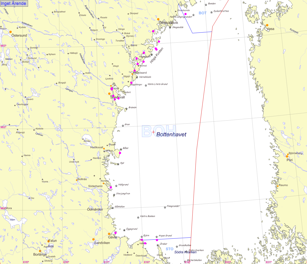 Bottenhavets SAR-område Karta : Bottenhavets SAR-område med markerade
