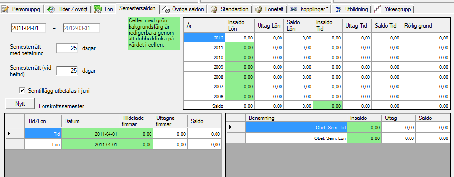 4. Kontrollera semesterår Gå in i personalregistret och klicka på fliken Semester. Kontrollera att du har rätt semesterår.