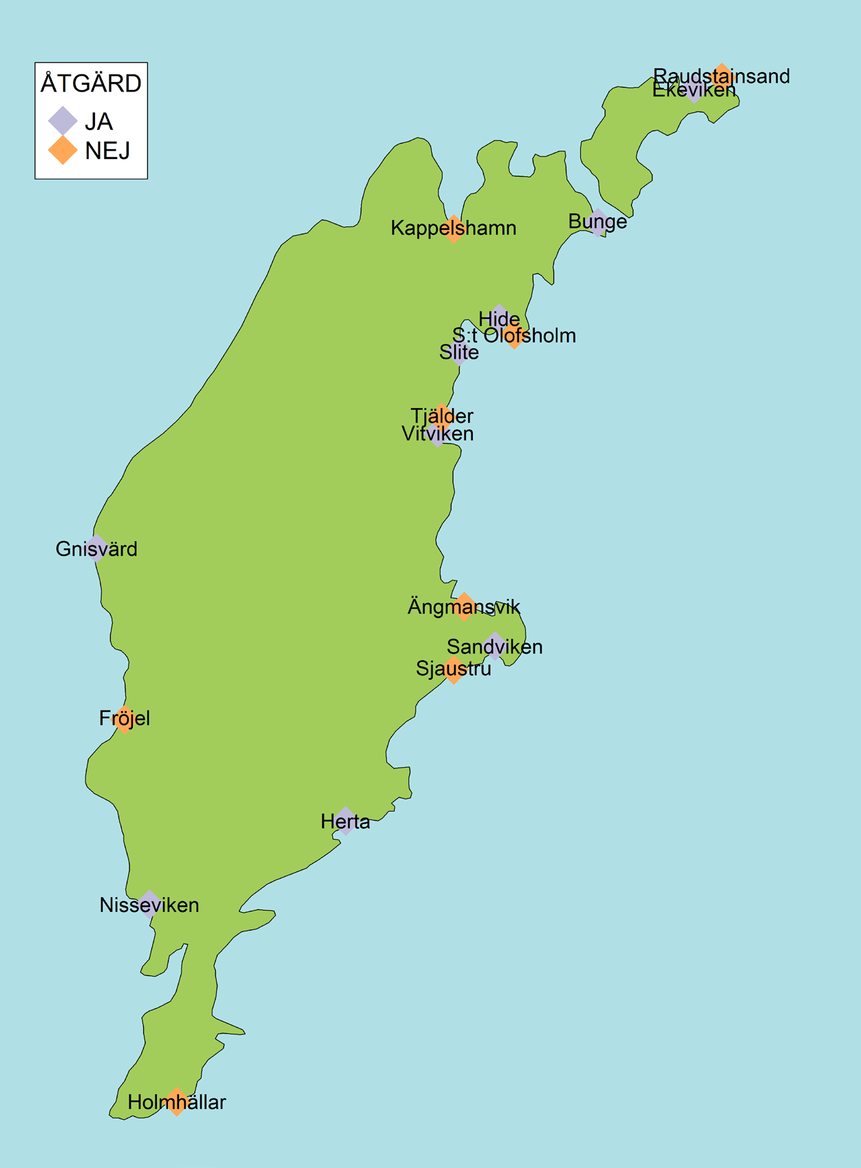 Fig. 1. Karta över Gotland och de områden som ingick i undersökningen 2016.