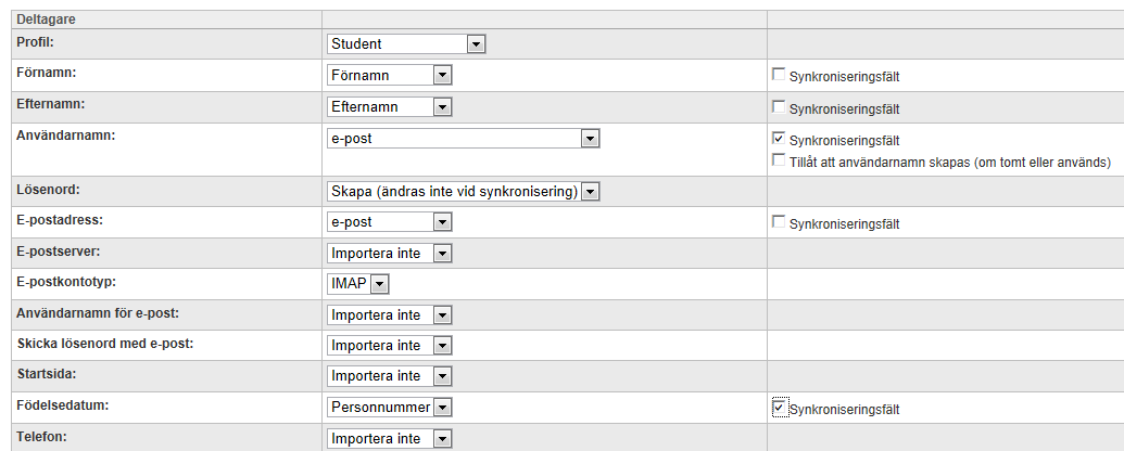 Klicka på rullisterna och välj den information som motsvarar importfilens kolumner. Om användarna är deltagare, studenter eller studerande ska student väljas som profil.