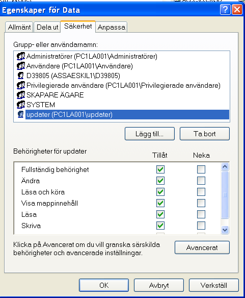 Markera Alla Kryssa i Fullständig behörighet Detta är det enda du behöver göra i Windows 2000 när det gäller Data mappen, i Windows XP måste du även definiera säkerhetsinställningarna.