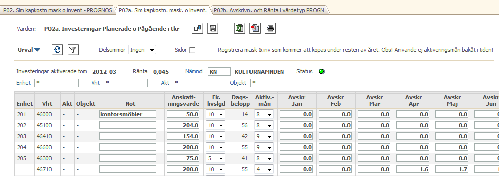 2) Planerade inventarieanskaffningar => Uppgifter om dessa matas